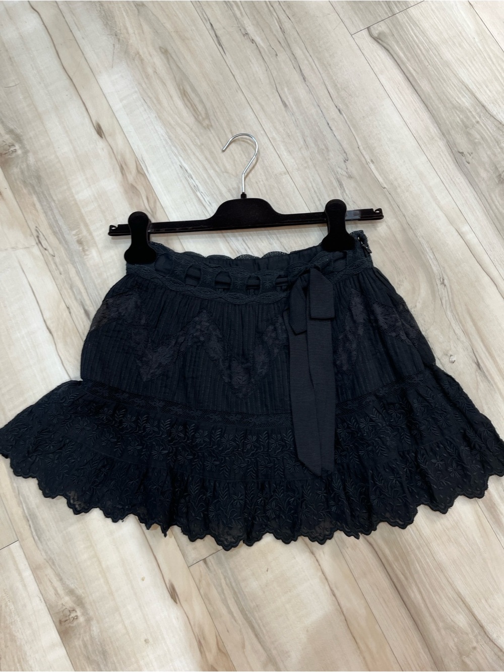 LoveShackFancy Black Lace Tiered Mini Skirt